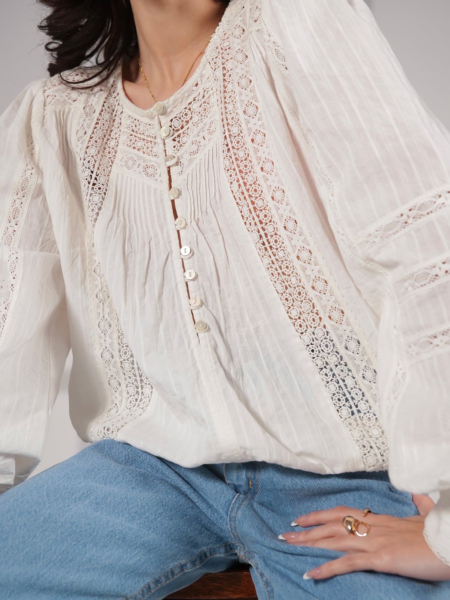 Amy Ivory Cotton Lace Pintuck Blouse