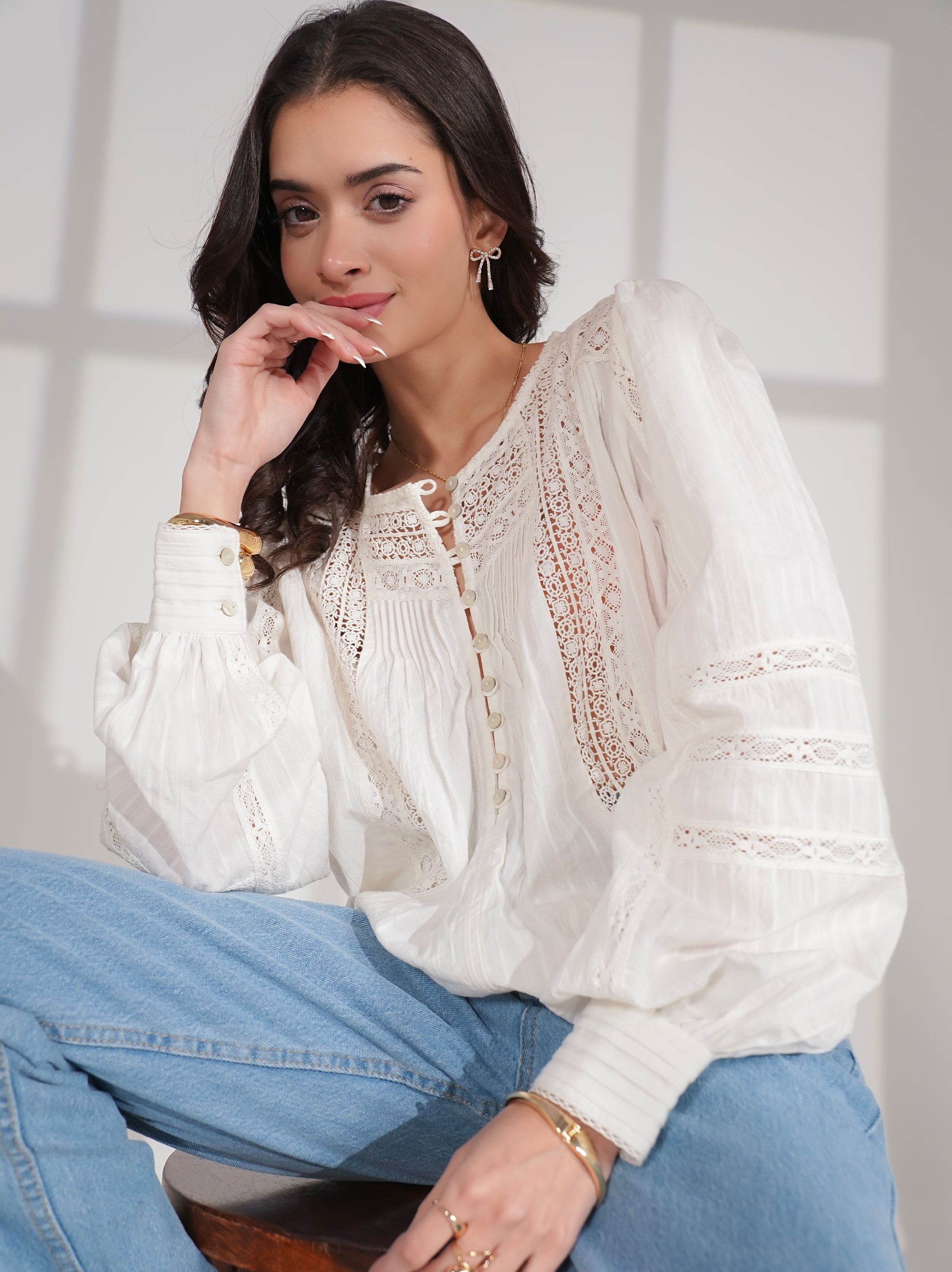 Amy Ivory Cotton Lace Pintuck Blouse