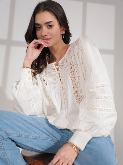 Amy Ivory Cotton Lace Pintuck Blouse
