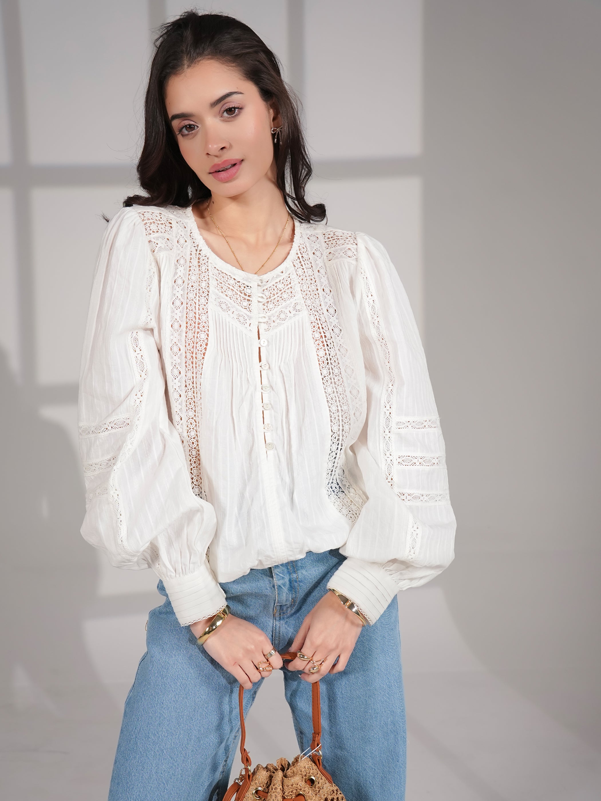Amy Ivory Cotton Lace Pintuck Blouse