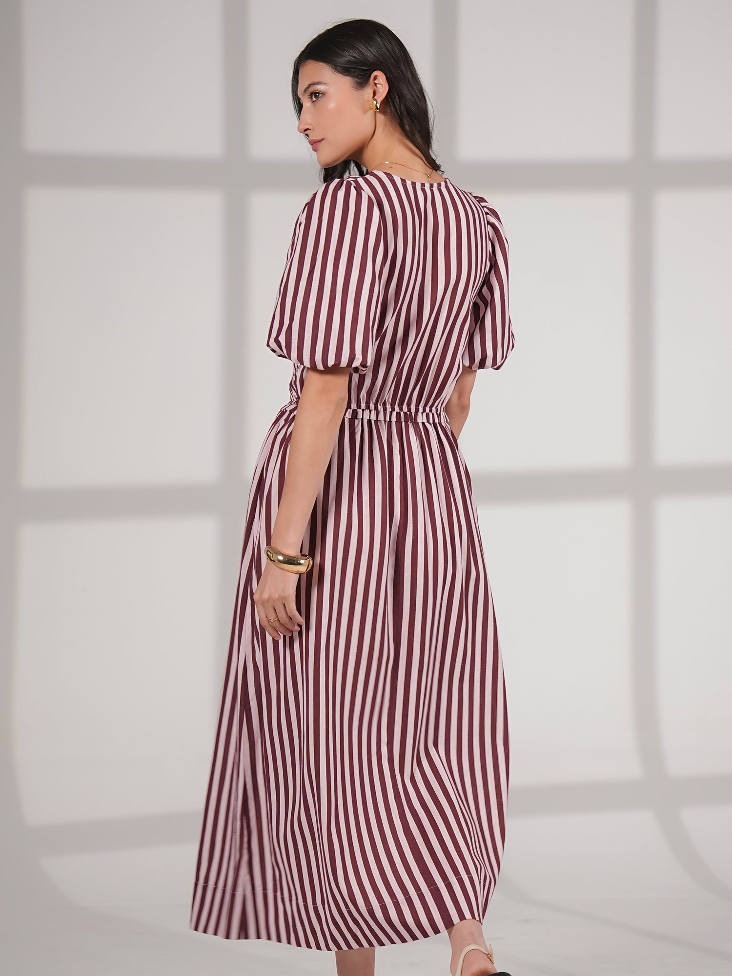 Isla Burgundy And Pink Stripe Short Sleeve Linen Blend Dress