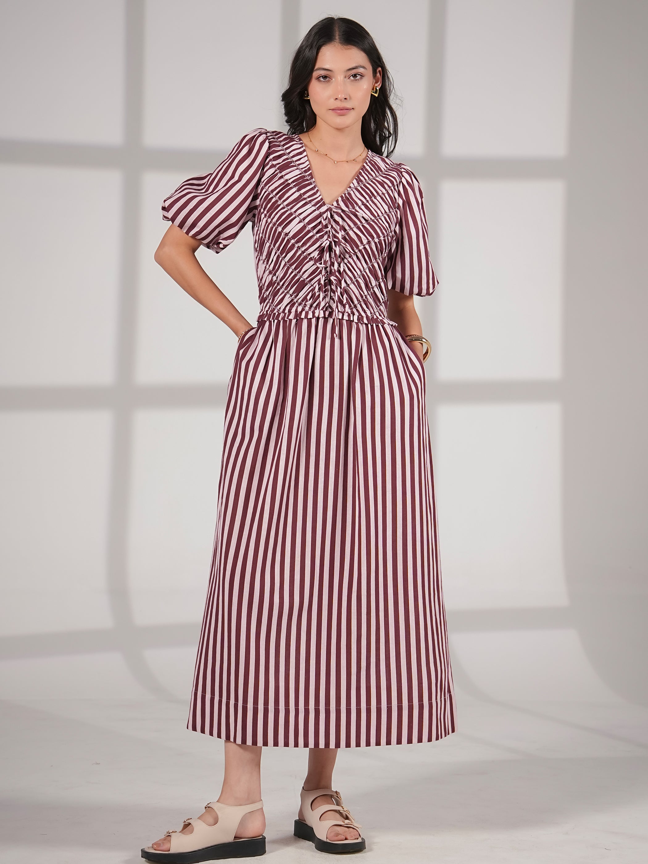 Isla Burgundy And Pink Stripe Short Sleeve Linen Blend Dress