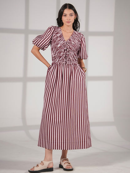 Isla Burgundy And Pink Stripe Short Sleeve Linen Blend Dress