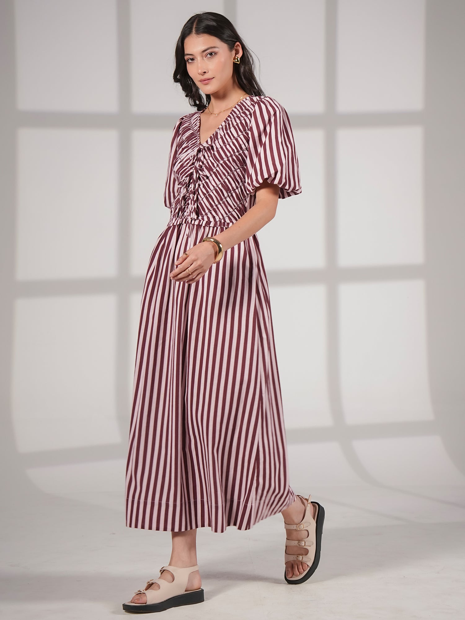 Isla Burgundy And Pink Stripe Short Sleeve Linen Blend Dress