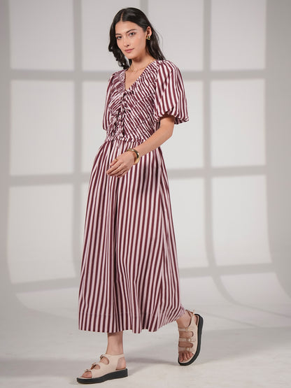 Isla Burgundy And Pink Stripe Short Sleeve Linen Blend Dress