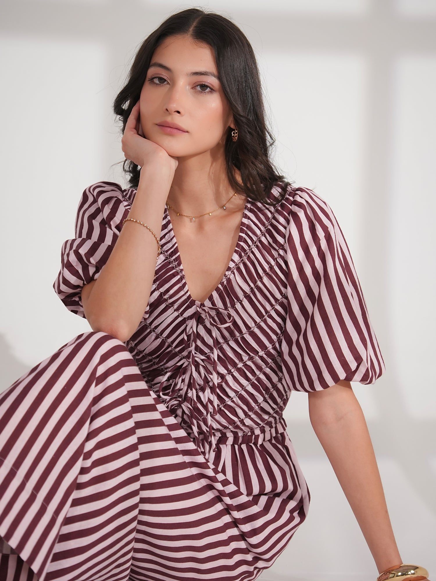 Isla Burgundy And Pink Stripe Short Sleeve Linen Blend Dress