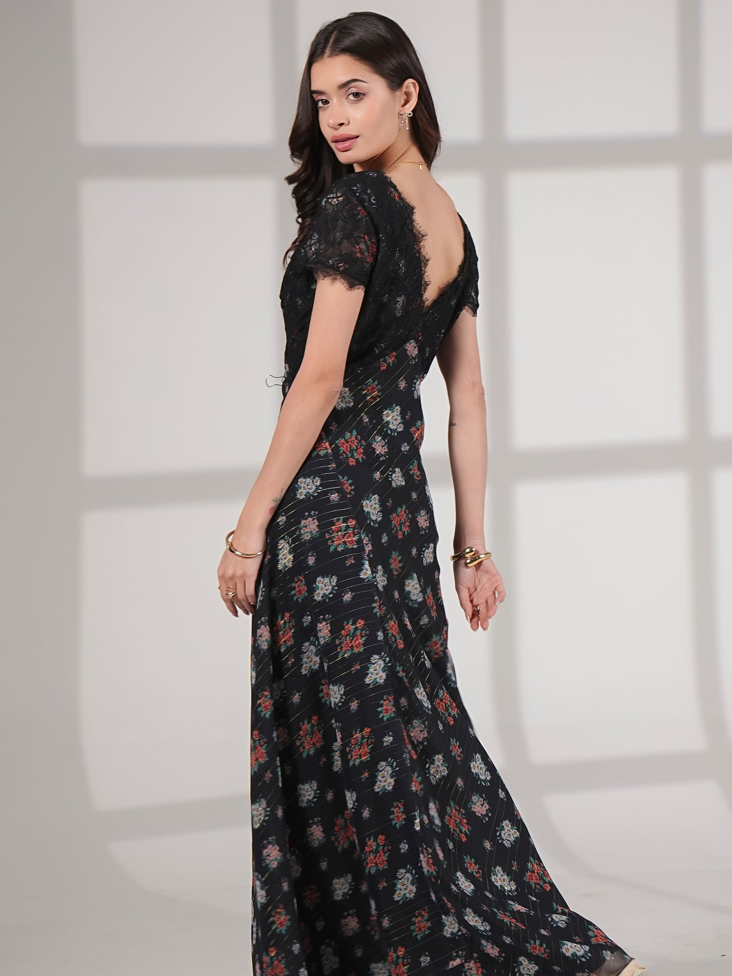 Jess Lace Trim Navy And Black Floral Maxi