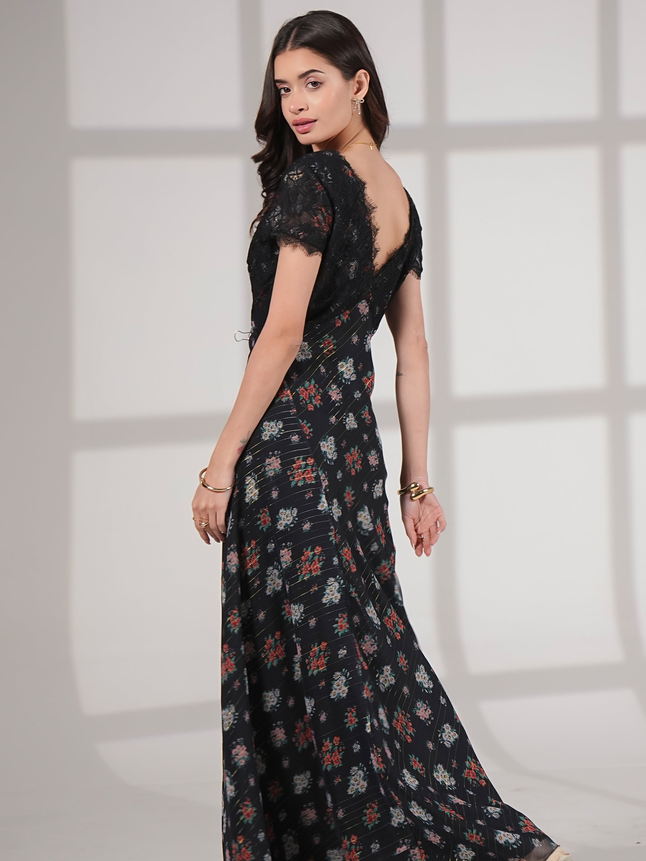 Jess Lace Trim Navy And Black Floral Maxi