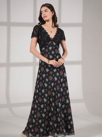 Jess Lace Trim Navy And Black Floral Maxi