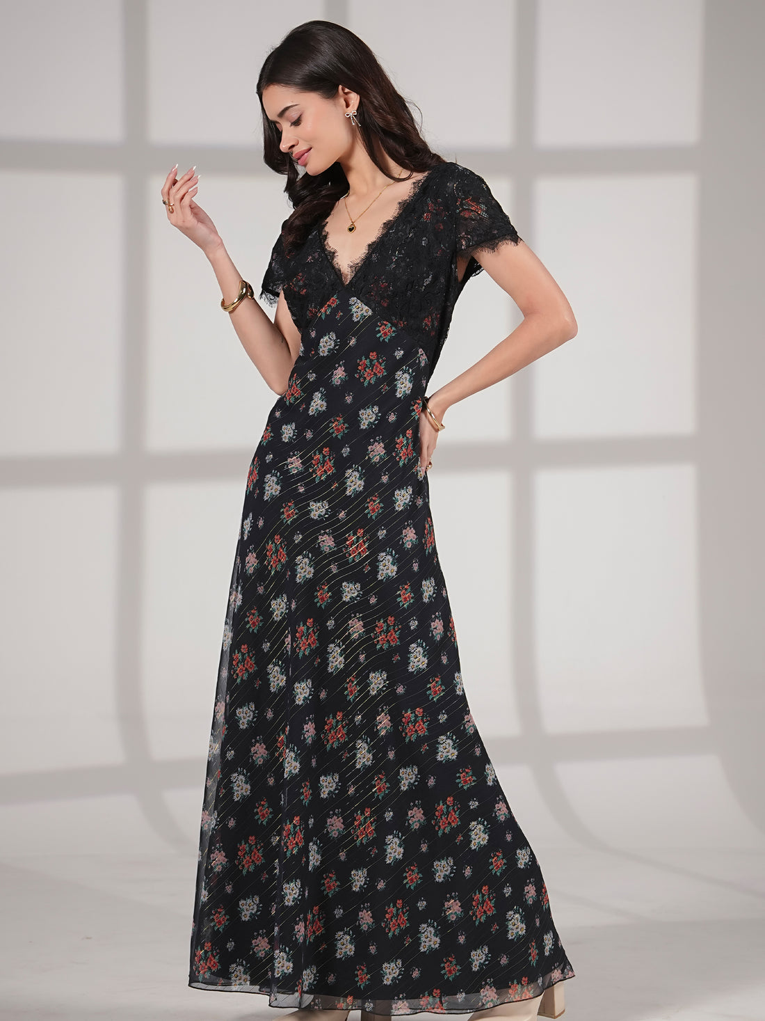 Jess Lace Trim Navy And Black Floral Maxi