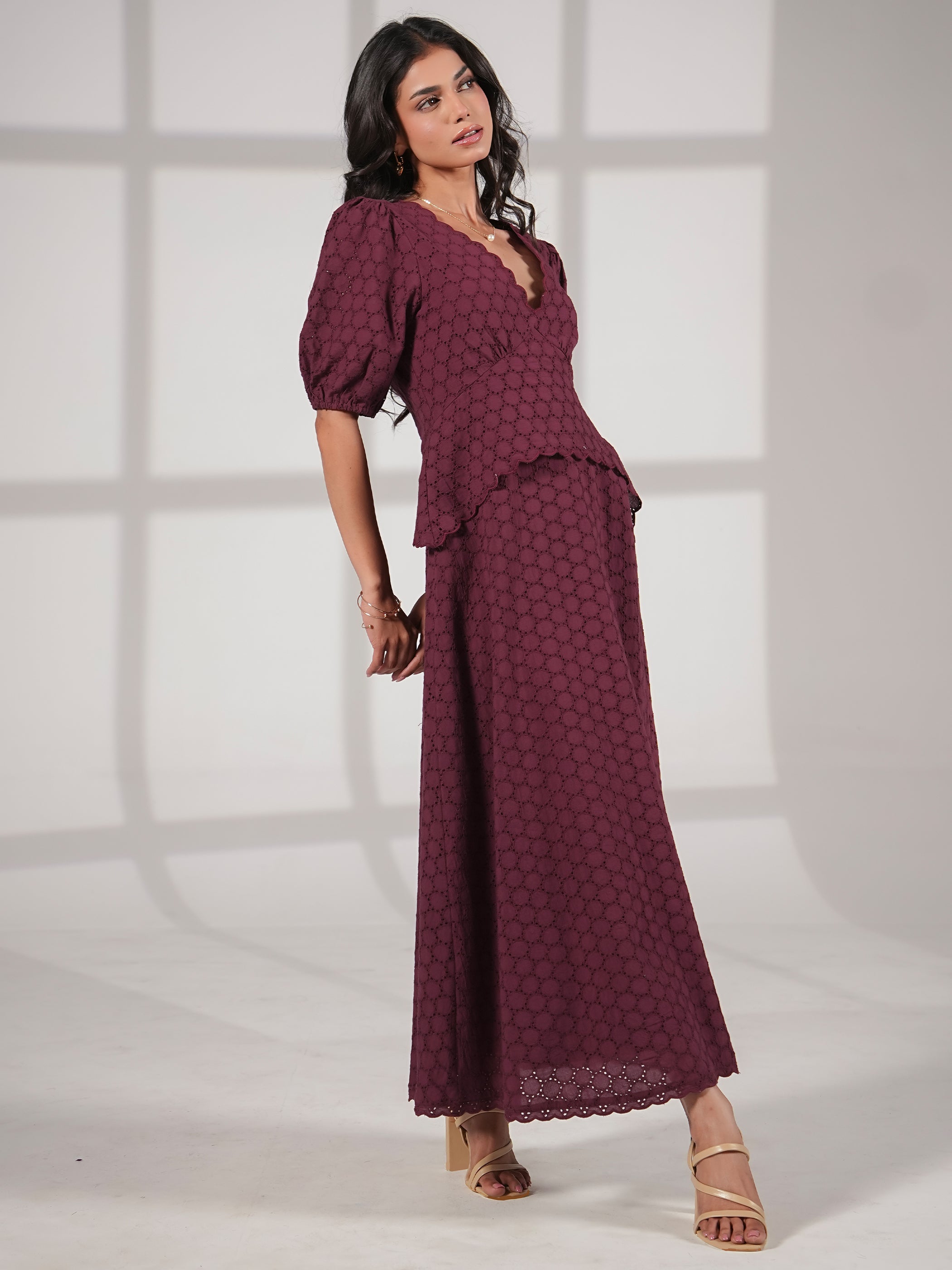 Holly Burgundy Embroidered Lace Cotton Midi Dress