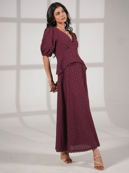 Holly Burgundy Embroidered Lace Cotton Midi Dress