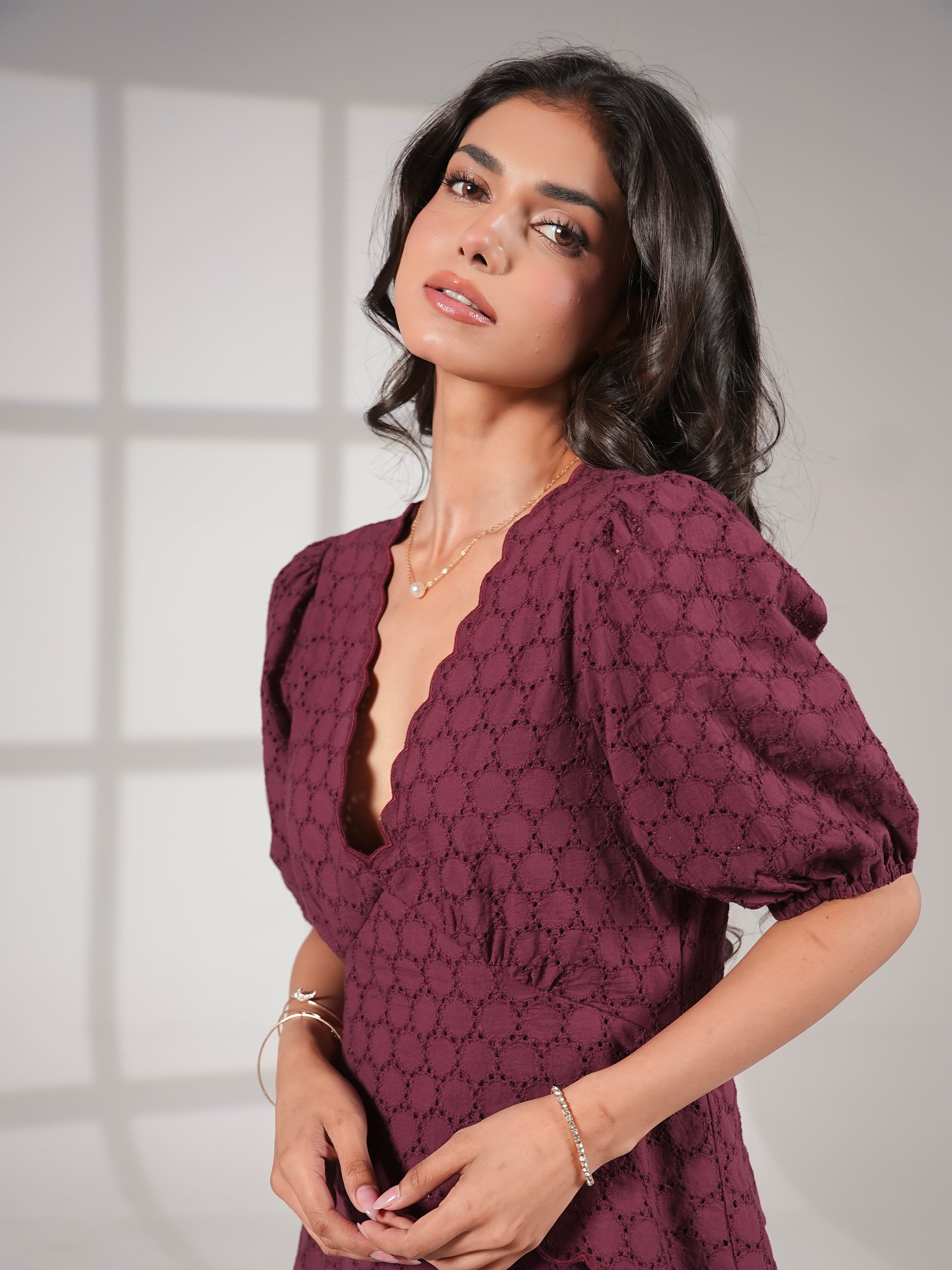 Holly Burgundy Embroidered Lace Cotton Midi Dress