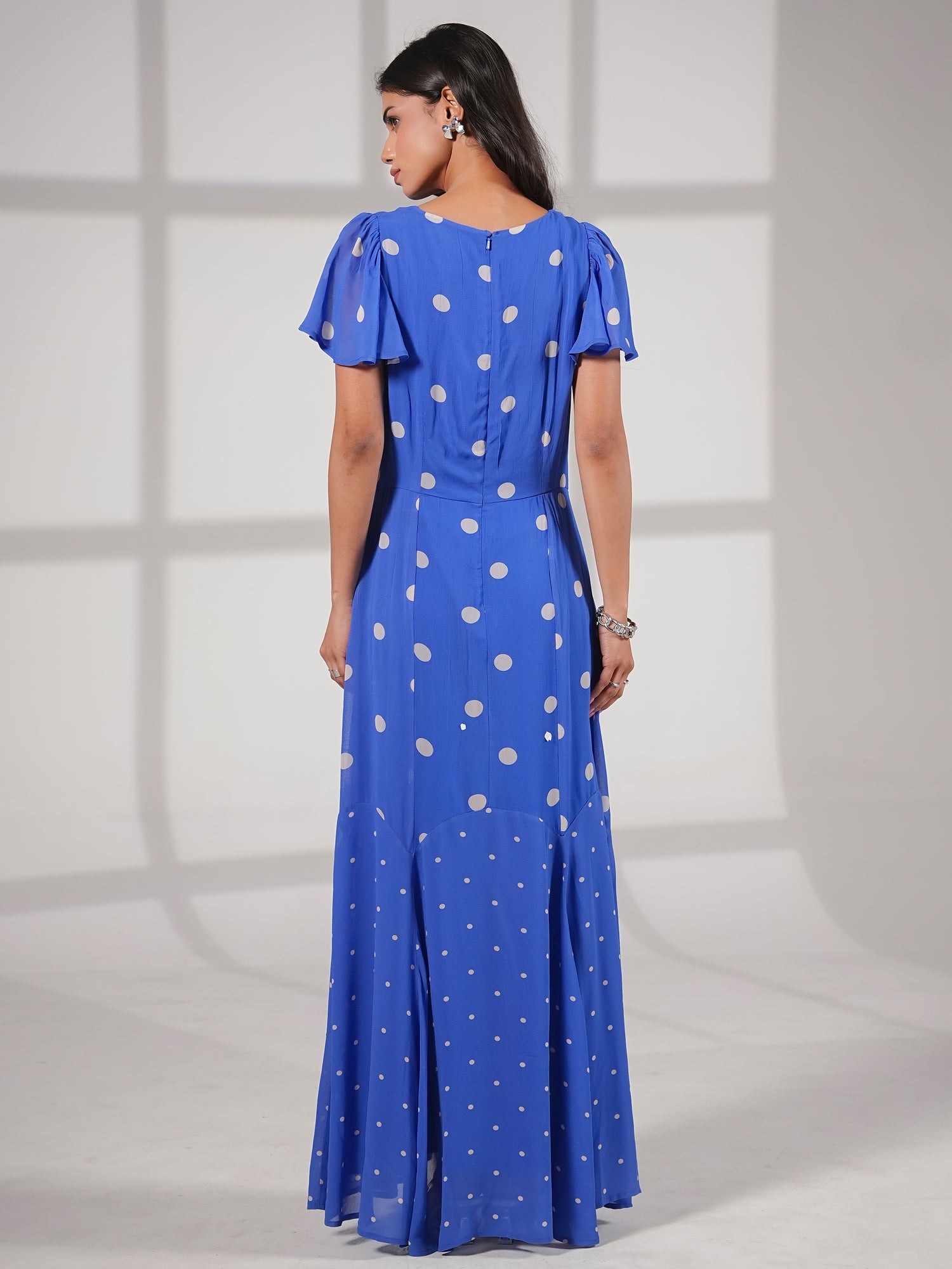 Joanna Blue And White Polka Dot Print Frill Sleeve Maxi Dress