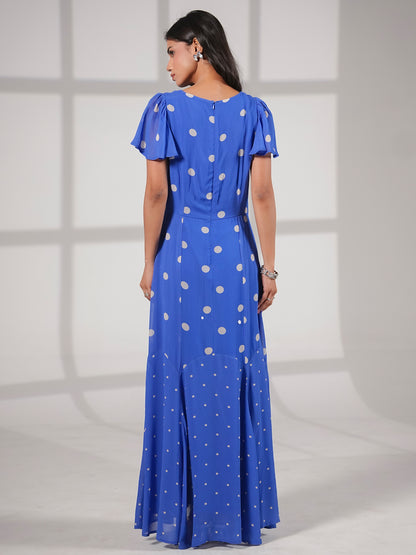 Joanna Blue And White Polka Dot Print Frill Sleeve Maxi Dress