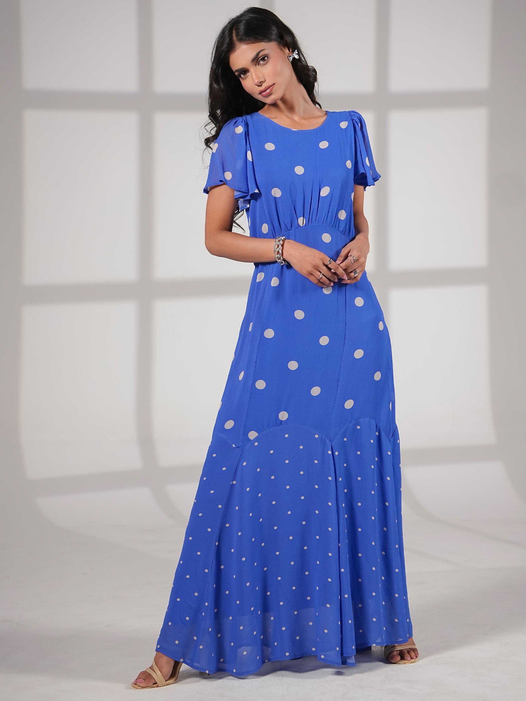 Joanna Blue And White Polka Dot Print Frill Sleeve Maxi Dress