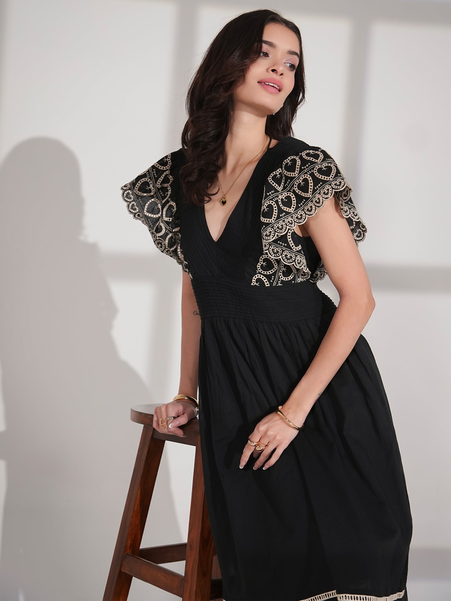Eleanor Dress Black And White Heart Embroidered