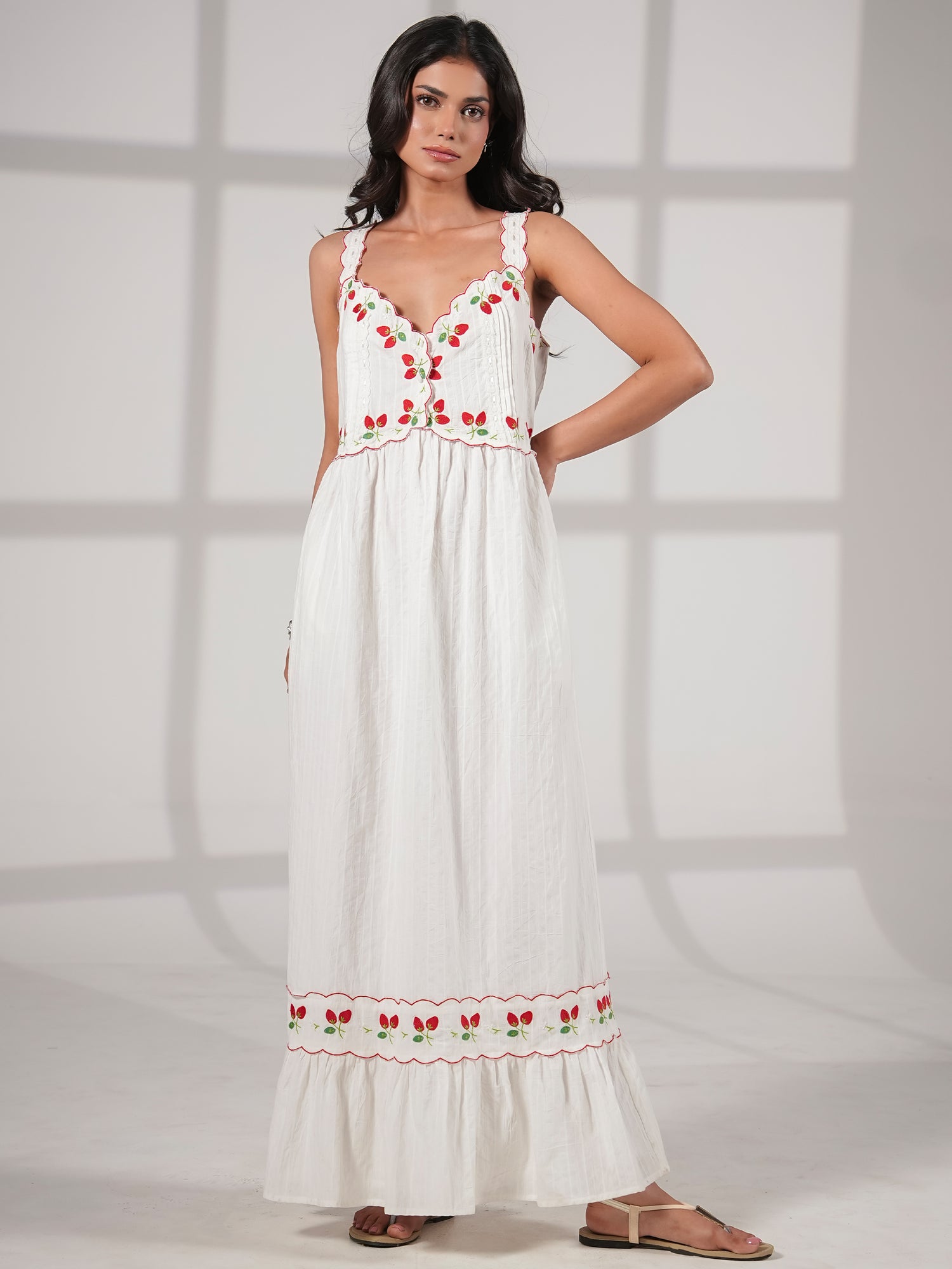 Elsie Strawberry Embroidery Cotton Maxi Dress