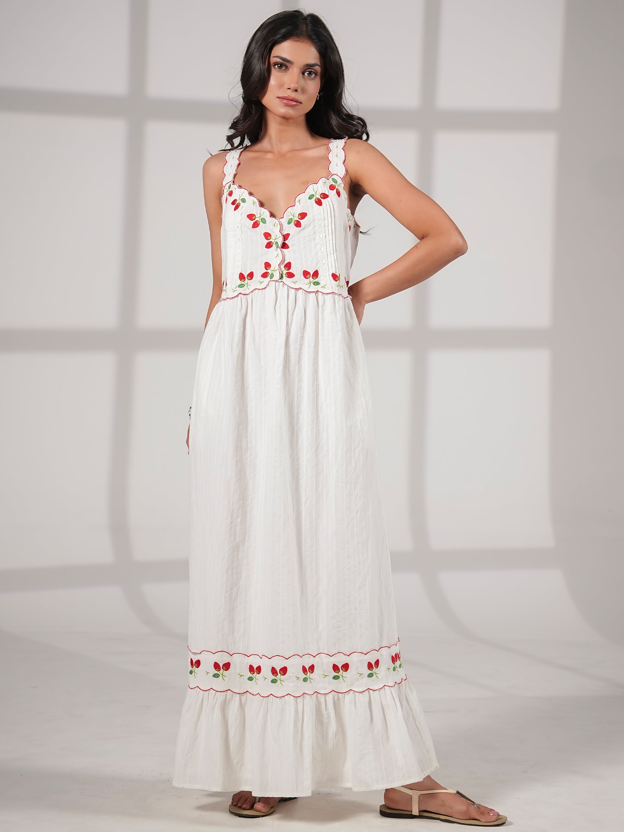 Elsie Strawberry Embroidery Cotton Maxi Dress