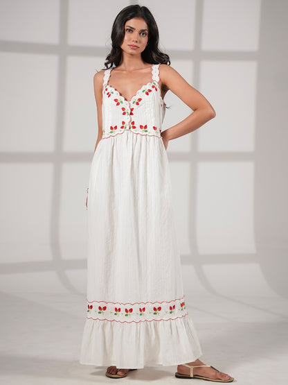 Elsie Strawberry Embroidery Cotton Maxi Dress