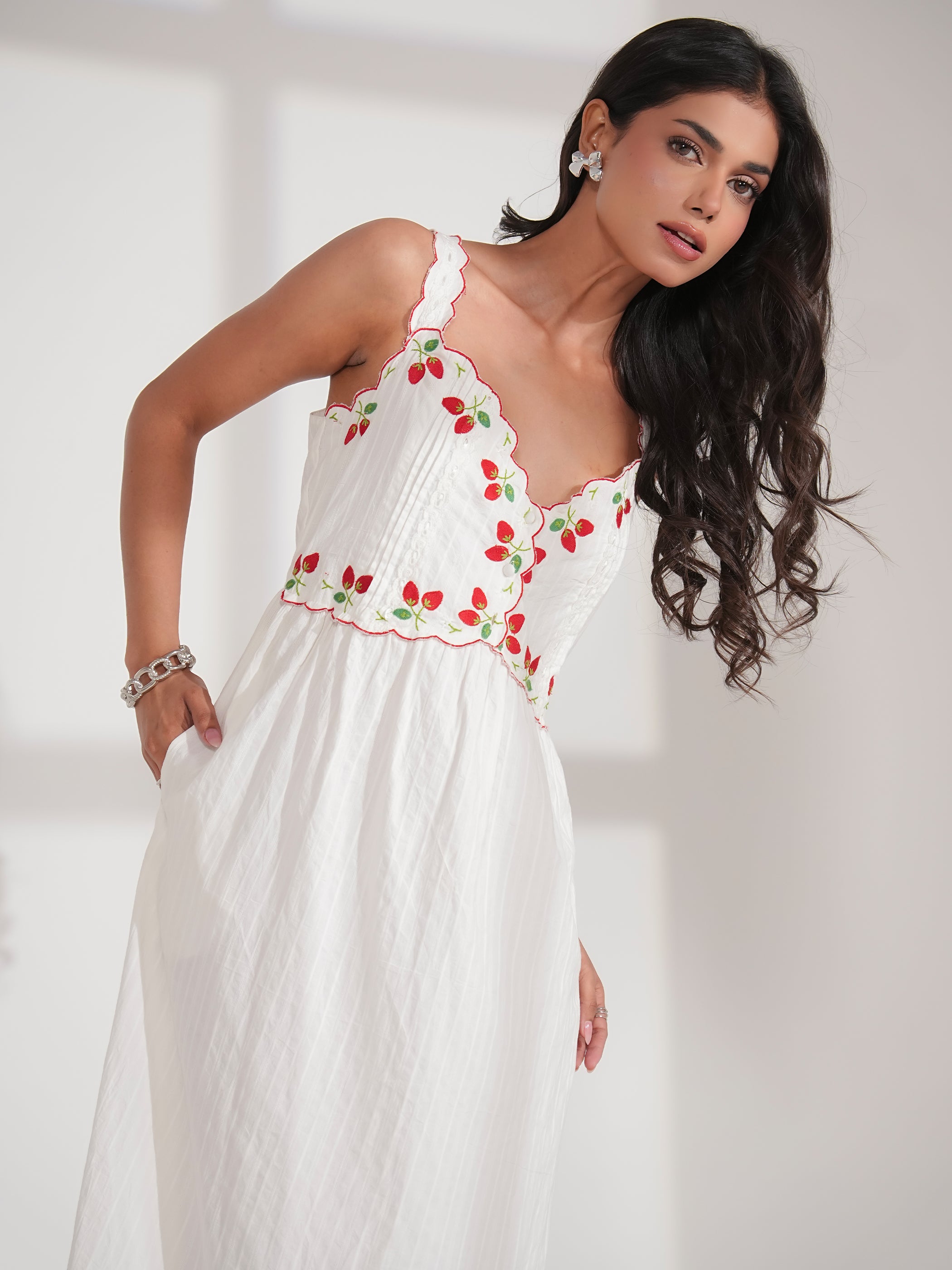 Elsie Strawberry Embroidery Cotton Maxi Dress