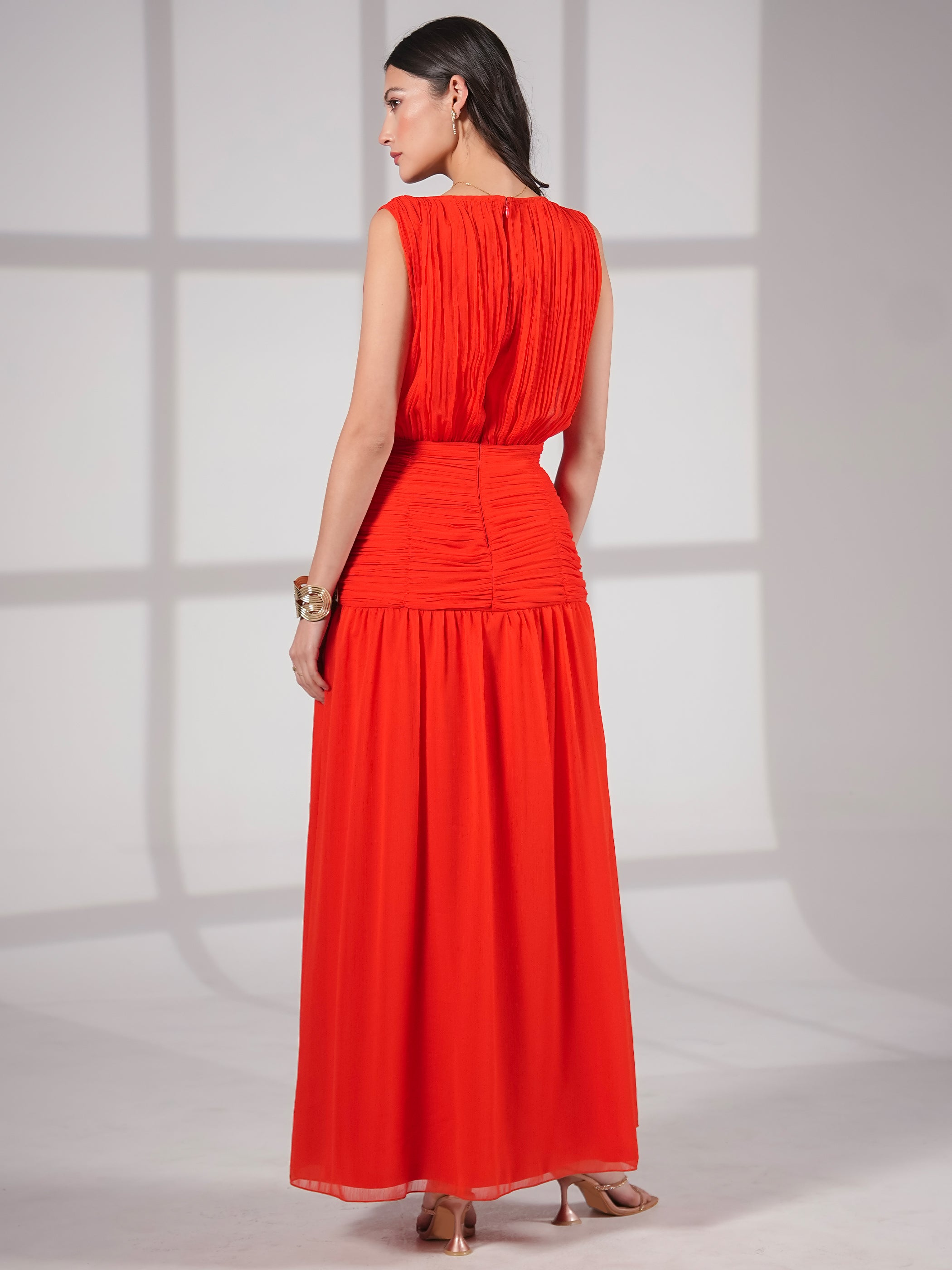 Amy Red Drape Tie Waist Maxi Dress