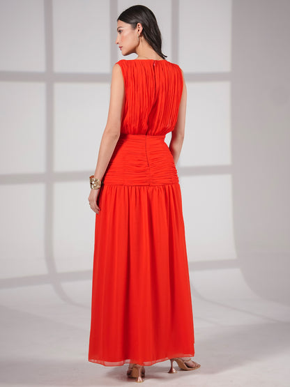 Amy Red Drape Tie Waist Maxi Dress