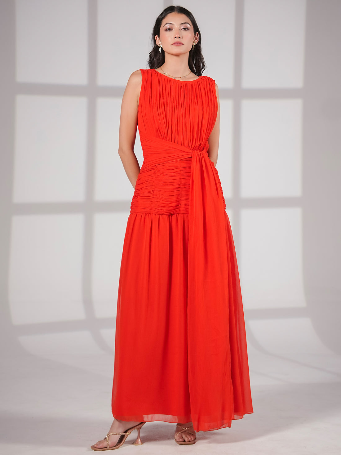 Amy Red Drape Tie Waist Maxi Dress