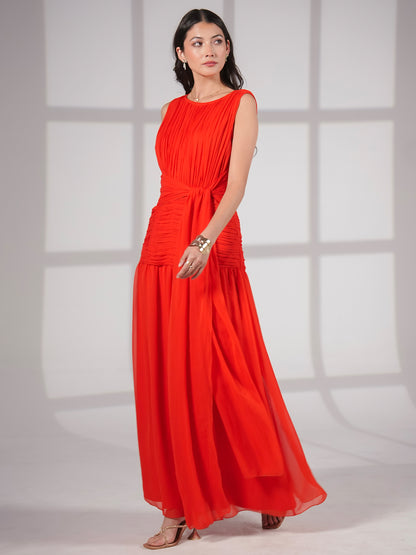 Amy Red Drape Tie Waist Maxi Dress