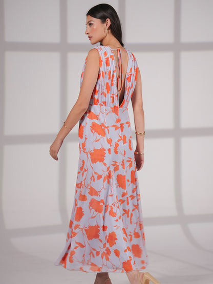 Florrie Blue and Orange Floral Print Midi Dress