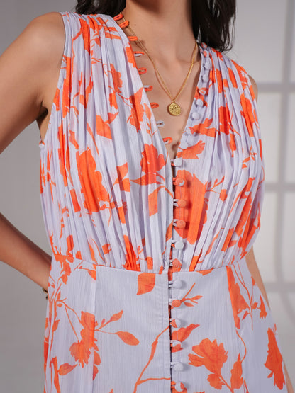 Florrie Blue and Orange Floral Print Midi Dress