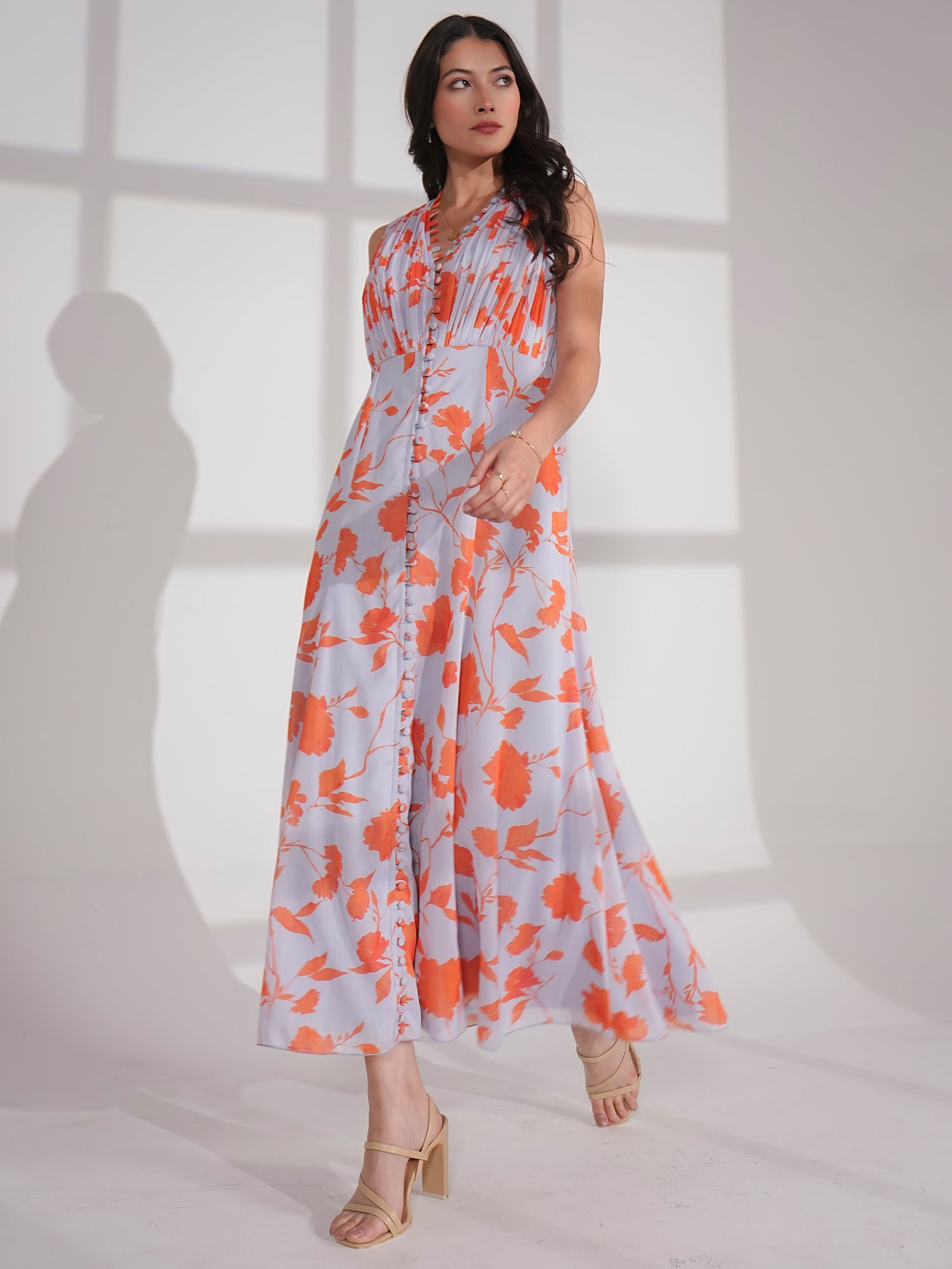 Florrie Blue and Orange Floral Print Midi Dress
