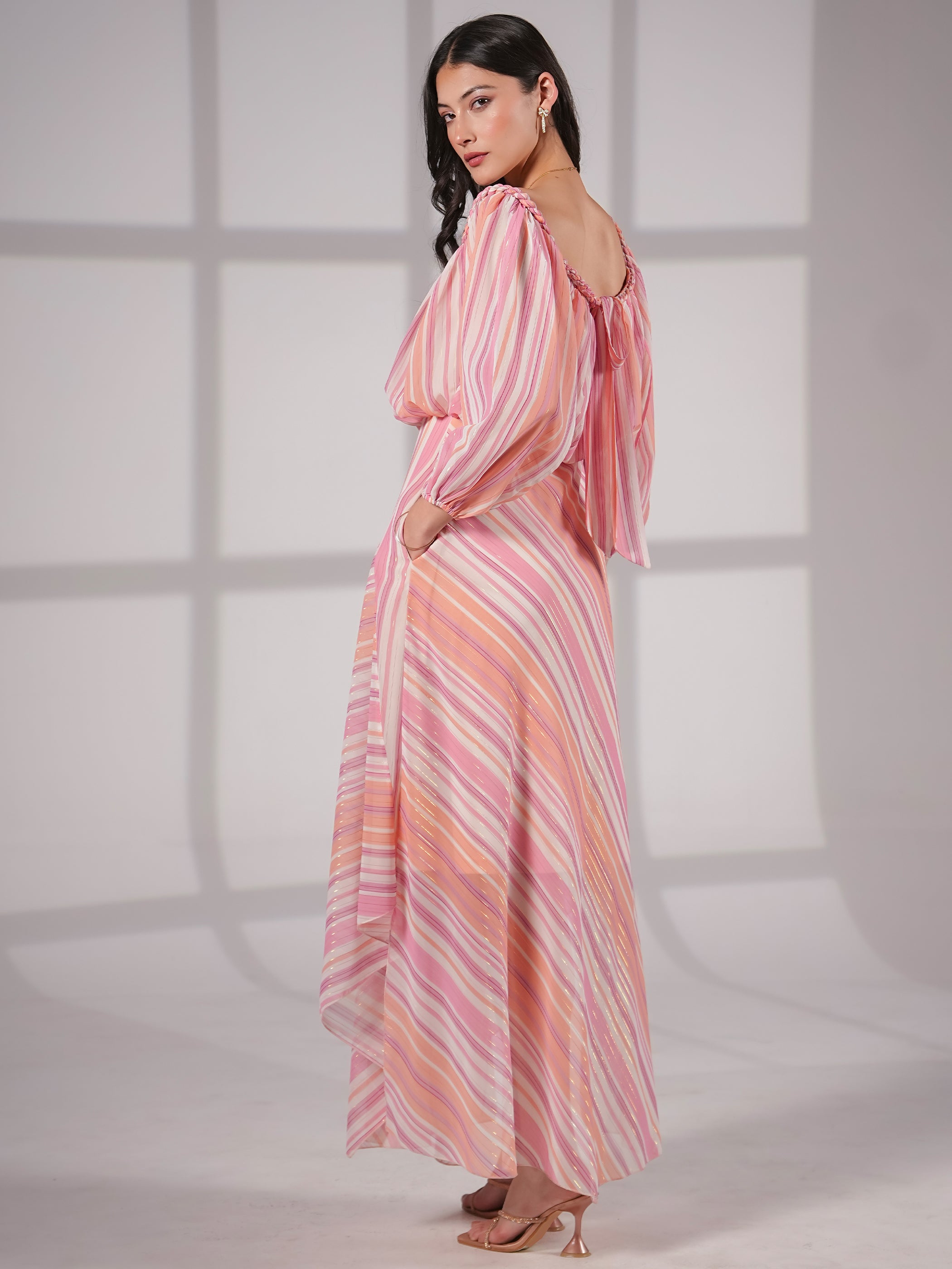 Lila Pink Coral Metallic Stripe Asymetric Haxi Dress