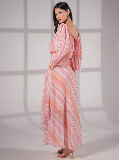 Lila Pink Coral Metallic Stripe Asymetric Haxi Dress