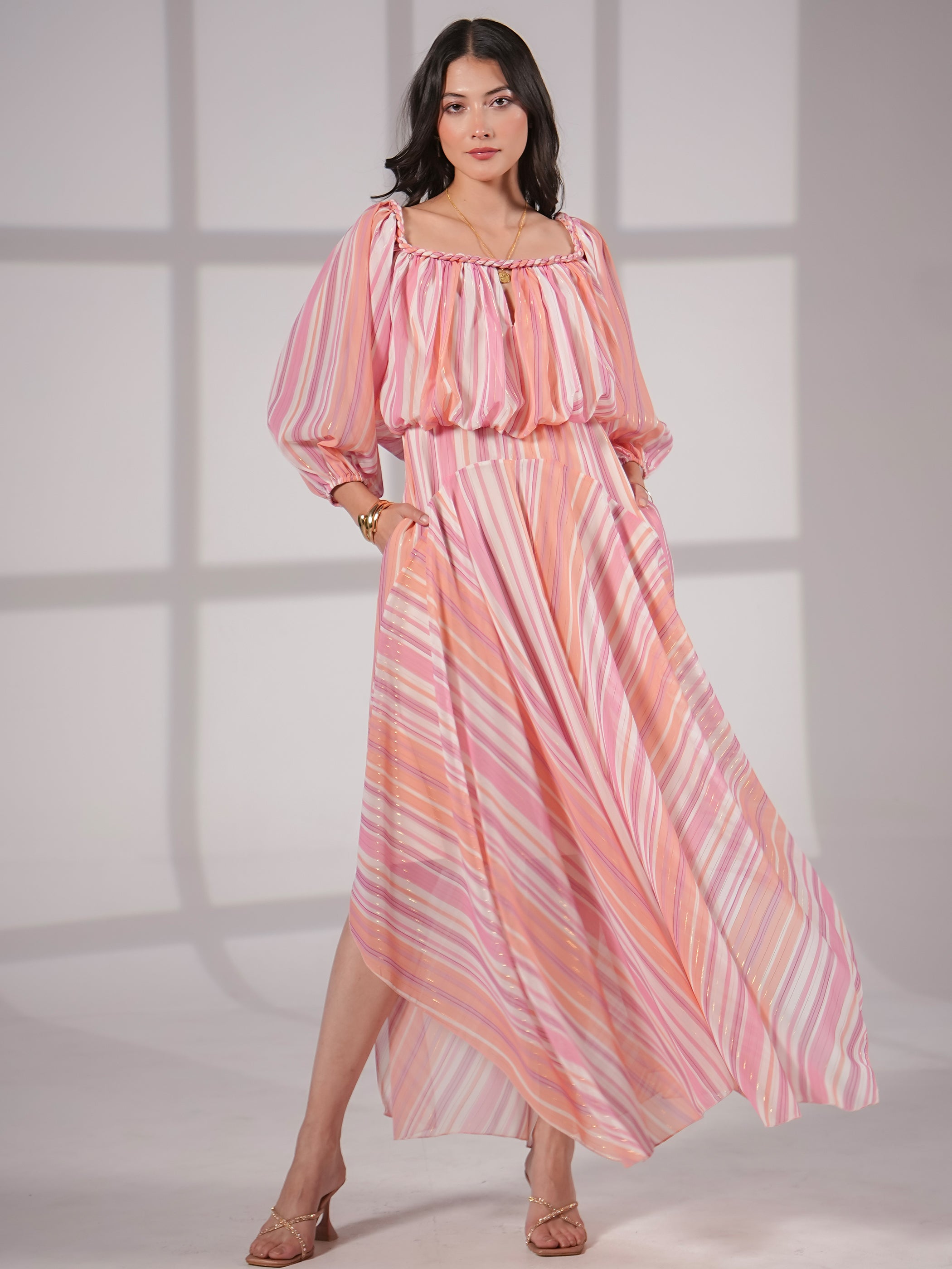 Lila Pink Coral Metallic Stripe Asymetric Haxi Dress