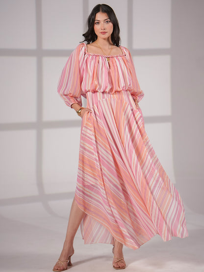 Lila Pink Coral Metallic Stripe Asymetric Haxi Dress