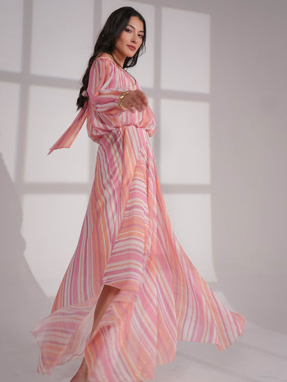 Lila Pink Coral Metallic Stripe Asymetric Haxi Dress