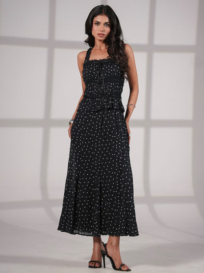 Marcia Black Polka Cami Midi Dress