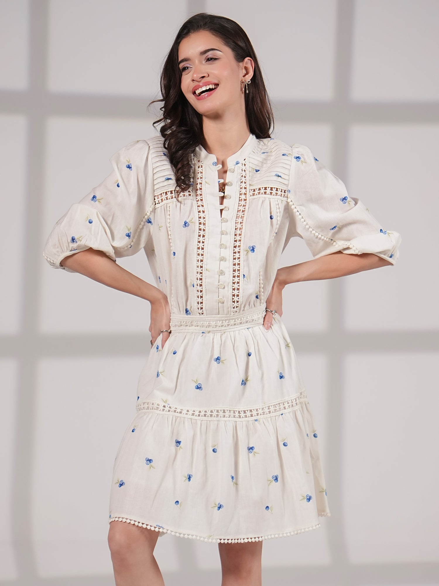 Jina  Berry Print Lace Trim Linen Blend  Mini Dress