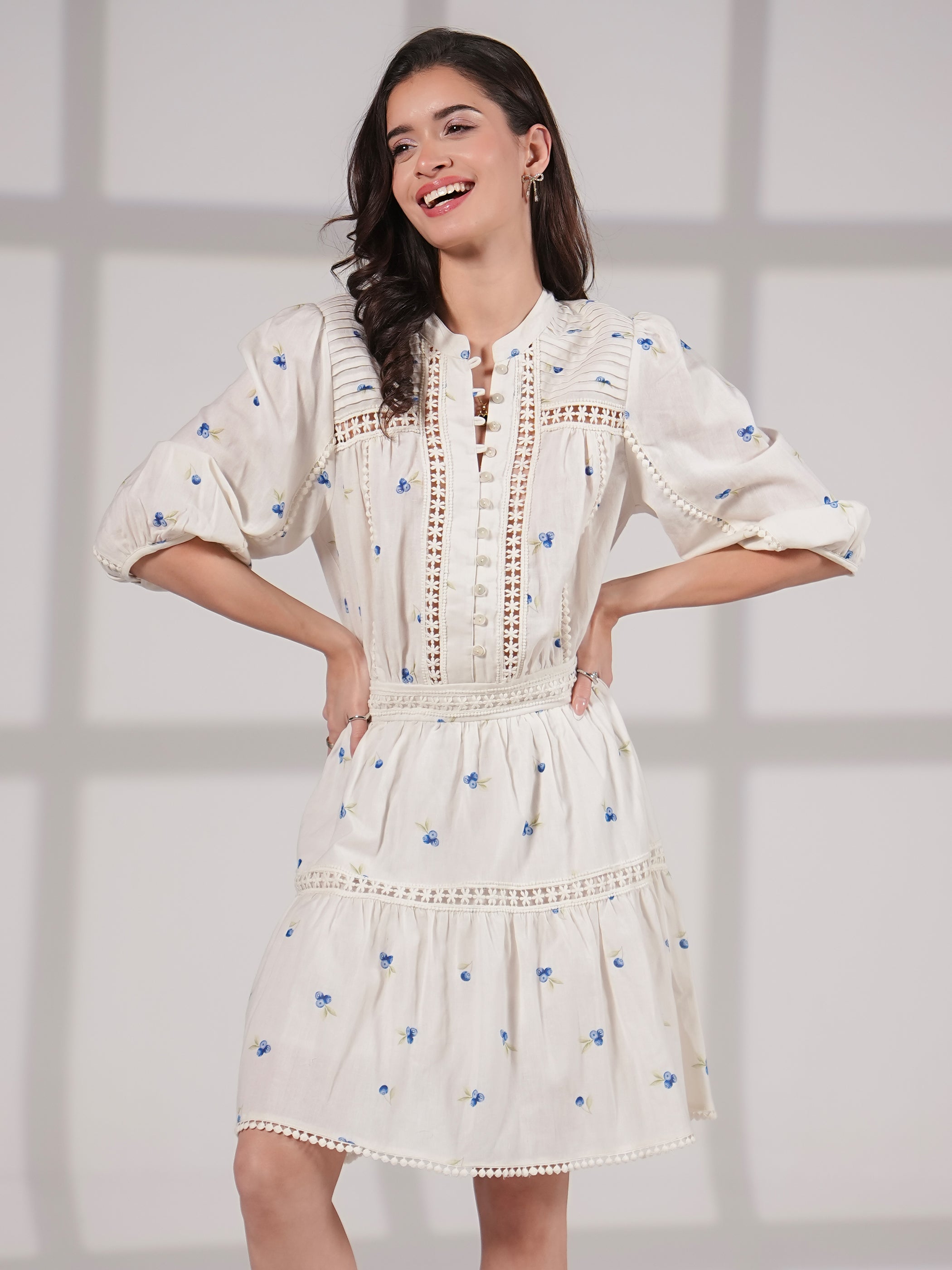 Jina  Berry Print Lace Trim Linen Blend  Mini Dress