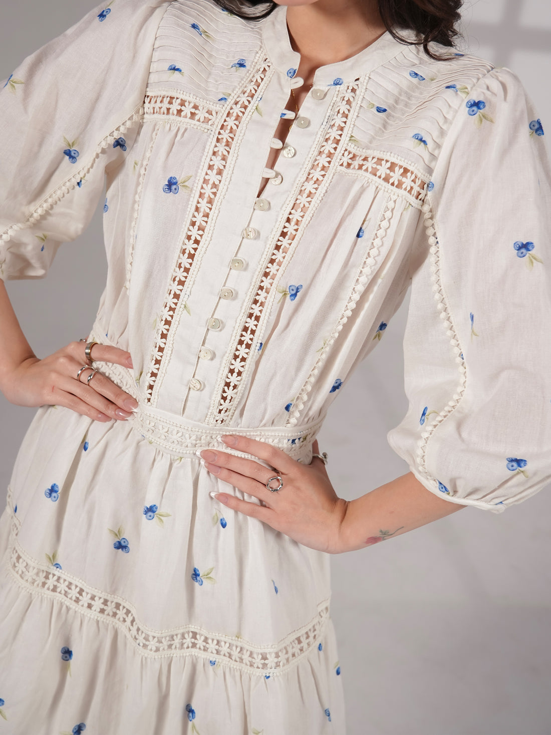 Jina  Berry Print Lace Trim Linen Blend  Mini Dress