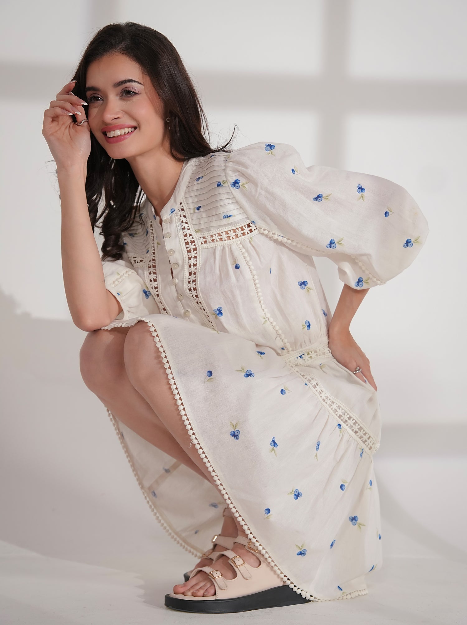 Jina  Berry Print Lace Trim Linen Blend  Mini Dress