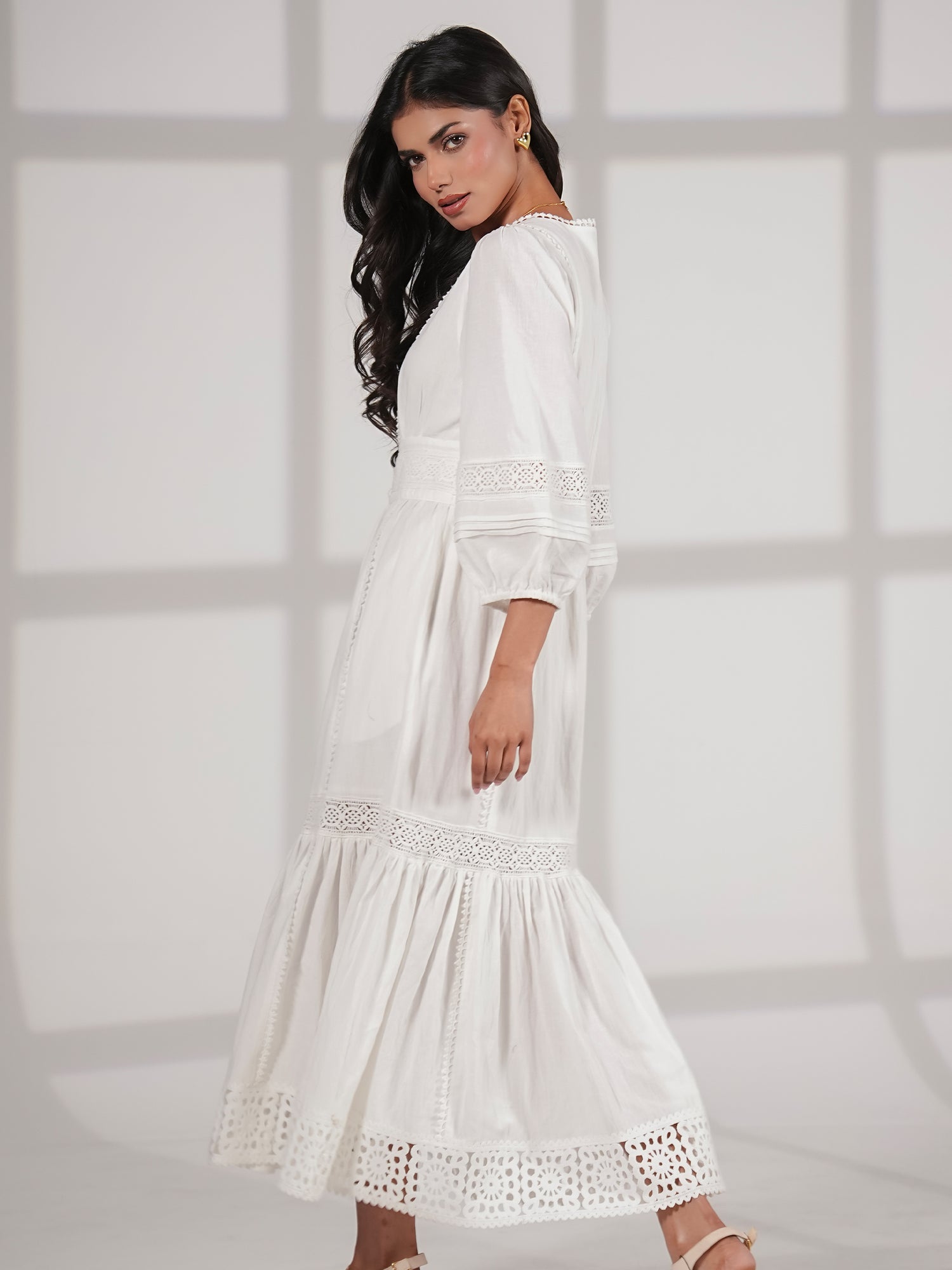 Ola Ivory Crochet Trim Linen Blend Midi Dress