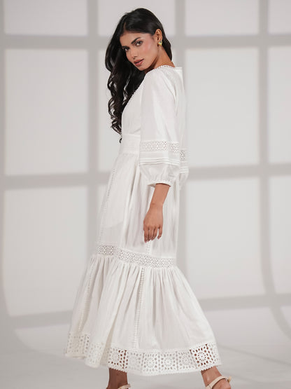 Ola Ivory Crochet Trim Linen Blend Midi Dress