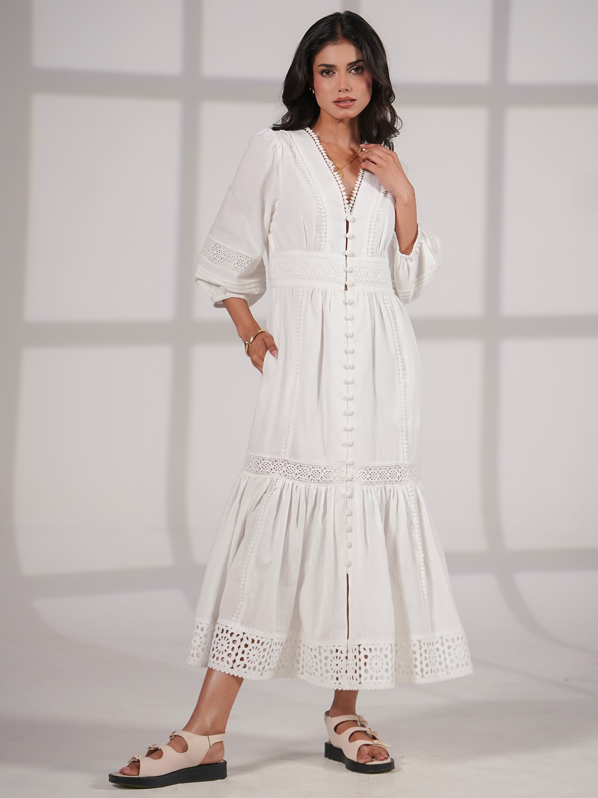 Ola Ivory Crochet Trim Linen Blend Midi Dress