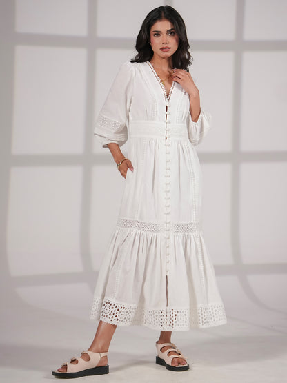 Ola Ivory Crochet Trim Linen Blend Midi Dress