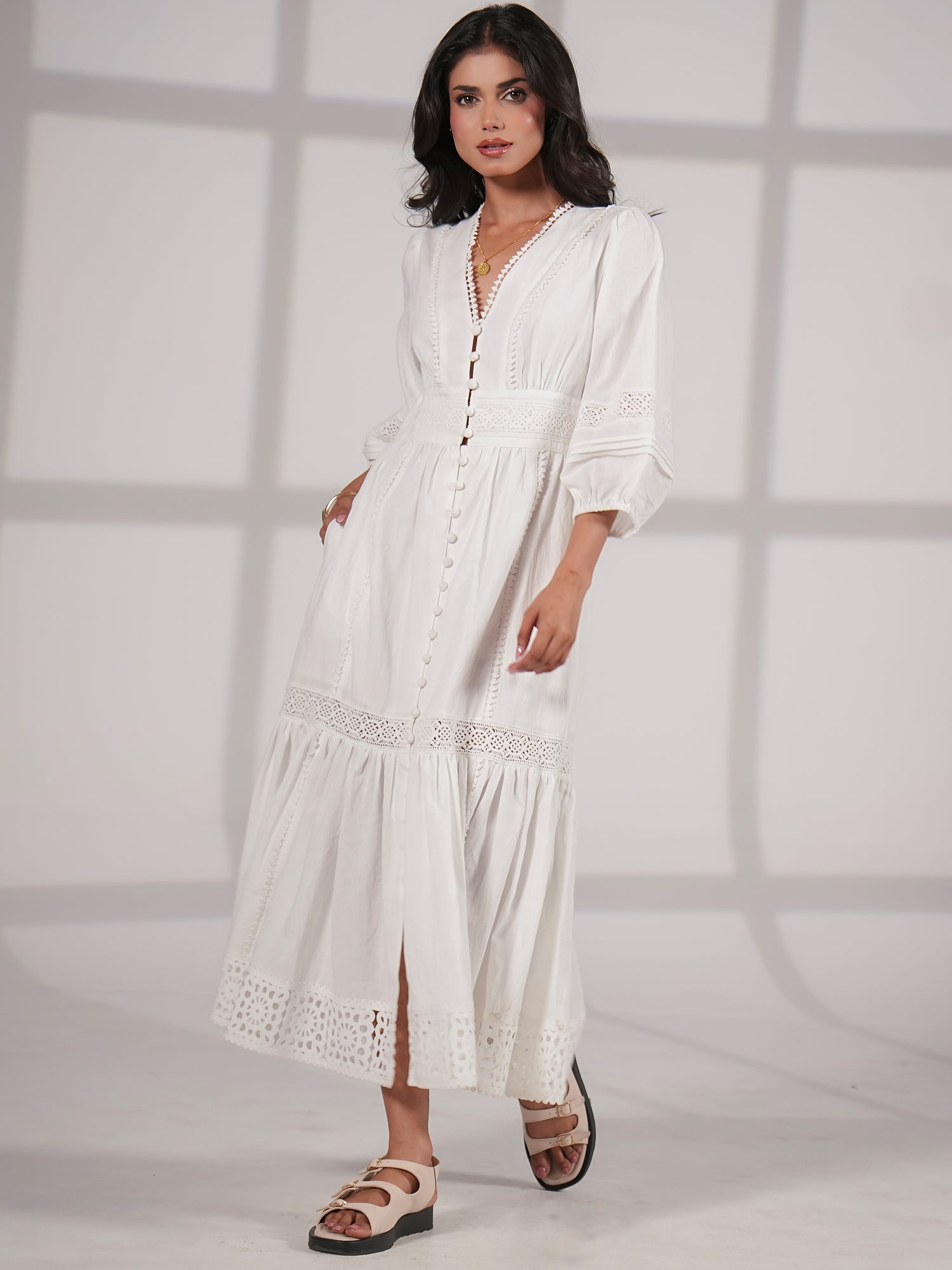 Ola Ivory Crochet Trim Linen Blend Midi Dress
