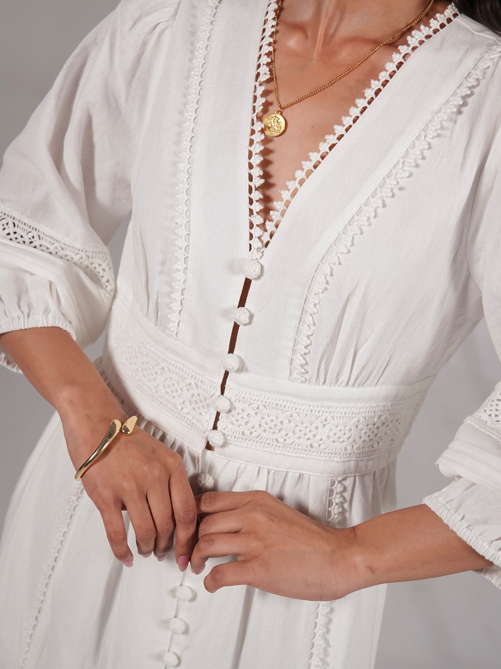 Ola Ivory Crochet Trim Linen Blend Midi Dress