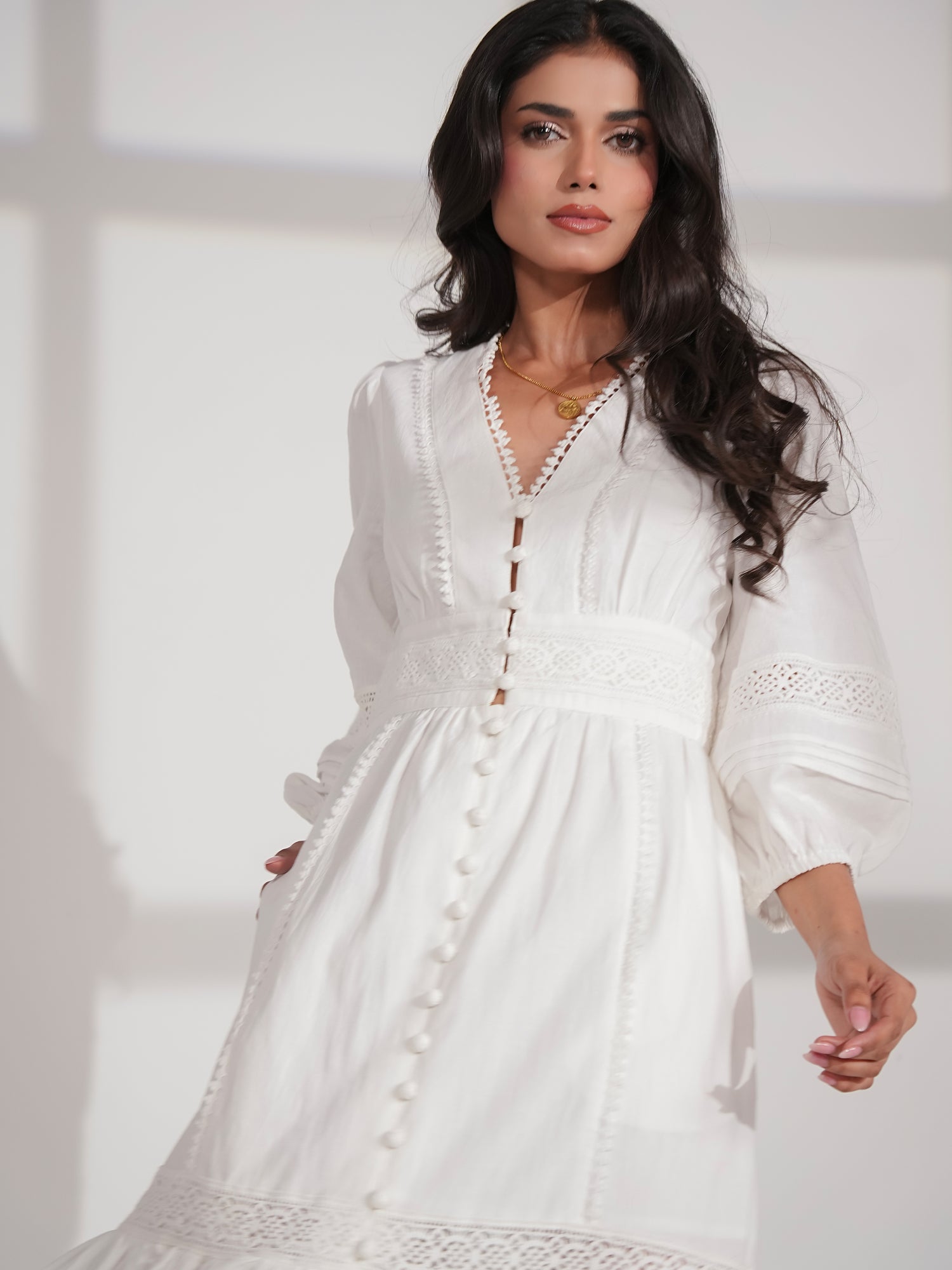 Ola Ivory Crochet Trim Linen Blend Midi Dress