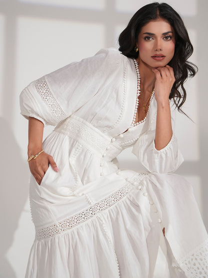 Ola Ivory Crochet Trim Linen Blend Midi Dress